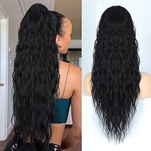 26 inch lange zwarte trekkoord paardenstaart extension voor vrouwen synthetische lang krullend golvend clip in paardenstaart hair extensions voor dagelijks party gebruik Lightinthebox