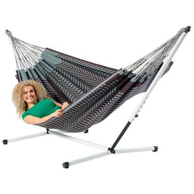 Tweepersoons hangmat met metalen standaard - 350x160cm - Bruin - 160kg draagkracht- 100% katoen - binnen & buiten