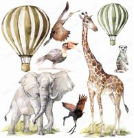 Muursticker - Savannah Africa Olifant, Giraf, Luchtballon - thumbnail