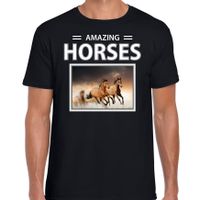 Bruine paarden t-shirt met dieren foto amazing horses zwart voor heren - thumbnail