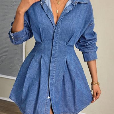 Blue Denim Dress - Long Sleeve High Waist Cotton Shirt Dress S