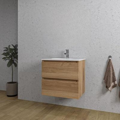 Adema Chaci Badkamermeubelset - 60x46x57cm - 1 ovale keramische wasbak wit - 1 kraangat - 2 lades - eiken SW1212759/SW718716