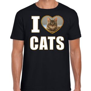 I love cats t-shirt met dieren foto van een bruine kat zwart voor heren