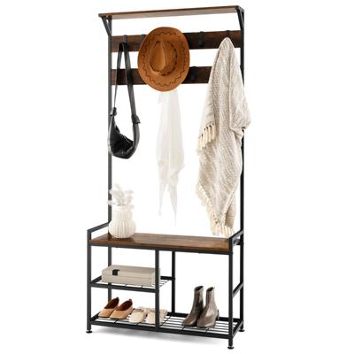 Kapstok met 9 Haken en Schoenenrek 3 Niveaus Garderobe Kledingstandaard Metalen Frame voor Hal en Slaapkamer Bruin