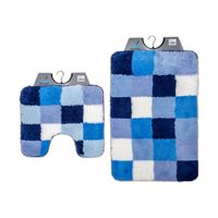 Wicotex-Badmat set met Toiletmat-WC mat-met uitsparing blauw wit geblokt-Antislip onderkant - thumbnail