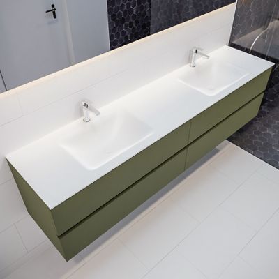 Mondiaz Vica Cloud badmeubel groen mat 200 cm 4 lades solid surface dubbele spoelbak 2 kraangaten