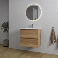 Adema Chaci Badkamermeubelset - 60x46x57cm - 1 ovale keramische wasbak wit - 1 kraangat - 2 lades - ronde spiegel met verlichting - eiken SW1212759/SW718716/SW108325