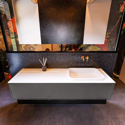 Badkamermeubelset Mondiaz Erin 150 cm met 1 Lade met RIDGE Wastafel Rechts Talc Zonder Kraangaten Greeploos Mat Dark Grey
