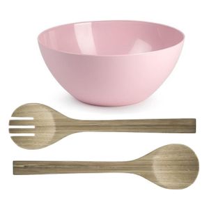 Salade serveer schaal - roze - kunststof - Dia 25 cm - incl. bamboe Sla couvert/bestek