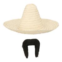 Carnaval verkleed set - Mexicaanse sombrero hoed met plaksnor - naturel - heren