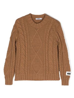 MSGM Kids bonnet en maille Aran à patch logo - Marron