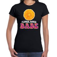 Jaren 60 Flower Power Babe verkleed shirt zwart met gele bloem dames - thumbnail