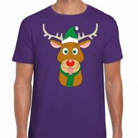 Kerst t-shirt voor heren - paars - Rendier Rudolf - groene kerstmuts