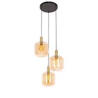 QAZQA Design hanglamp zwart met messing en amber glas 3-lichts - - thumbnail