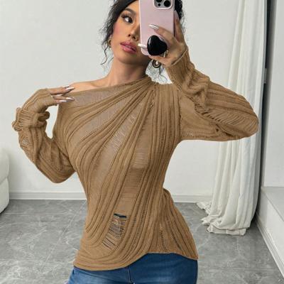 Bon&Bon Women's Asymmetrical Neck Hollow Knit Sweater - Grey Slim Fit Khaki / L