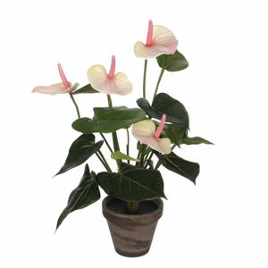 Kunstplant Anthurium - lichtroze - 40 cm - in grijze pot - nepplant - kamerplant