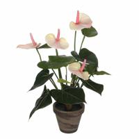 Kunstplant Anthurium - lichtroze - 40 cm - in grijze pot - nepplant - kamerplant