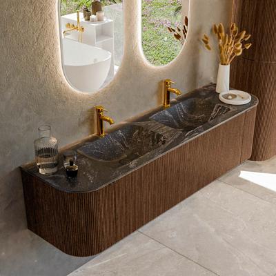 Badmeubel Mondiaz Kurve-Dlux | 170 cm | Meubelkleur Walnut | Wastafelkleur Lava | Solid surface | Dubbele spoelbak | 2 kraangaten