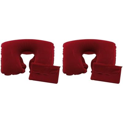 Opblaasbaar nekkussen - 2x - rood - pvc - 35 x 23 x 9 cm - vliegtuig/trein/auto