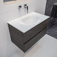 Mondiaz Vica Moon badmeubel eiken donker bruin 80 cm 2 lades solid surface enkele spoelbak midden zonder kraangat
