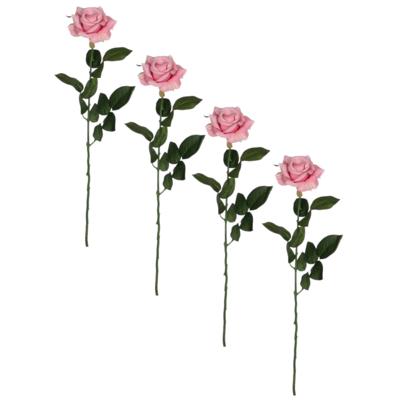 Kunstplant bloem - 4x - roos - roze - 66 cm - kunstbloemen/tak - kunststof decoratie