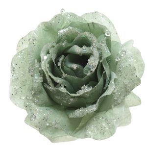 1x Kerstboomversiering/kerstornamenten groene rozen op clip 14 cm   -