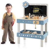 Houten Werkbank voor Kinderen Reparatietafel met 61-Delige Accessoireset met Gereedschap en Kleine Onderdelen Blauw