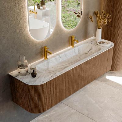 Mondiaz KURVE-DLUX 170 cm Onderkast Greeploos 1 Lade Met Deuren Walnut, Wastafel Solid Surface Midden Glace 2 Kraangaten Zonder Spiegel (KRVBGL170L+R1L2D2KM-Wal/Gla)