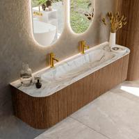 Mondiaz KURVE-DLUX 170 cm Onderkast Greeploos 1 Lade Met Deuren Walnut, Wastafel Solid Surface Midden Glace 2 Kraangaten Zonder Spiegel (KRVBGL170L+R1L2D2KM-Wal/Gla)