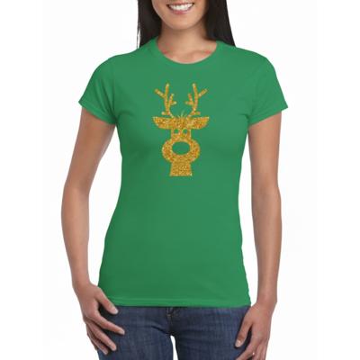 Kerst T-shirt voor dames - rendier - groen - glitter bedrukking - goud - kerst shirt Kerst T-shirt voor dames - rendier - groen - glitter bedrukking - goud - kerst shirt
