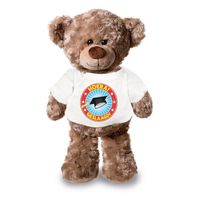 Knuffel teddybeer Hoera Geslaagd wit shirt 24 cm