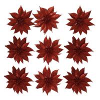 Kerstboomversiering Bloemen - 12x stuks - 9 cm - rood glitter - op clip