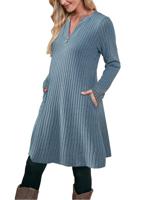 Women's Long Sleeve Summer Blue Plain Notched Daily Going Out Casual Knee Length H-Line Dress