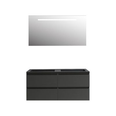 Badkamermeubel BWS Pepper Acryl Wastafel Mat Zwart Incl Spiegel Met LED Verlichting Zonder Kraangat 120x55x46 cm Antraciet