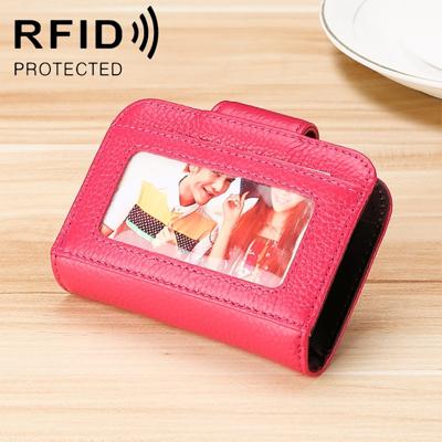KB188 horizontale koeienhuid lederen orgel vorm meerdere kaartsleuven anti-magnetische RFID portemonnee voor dames met transparant venster (Rose rood