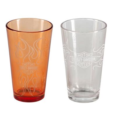 Harley-Davidson Bar & Shield Flames Pintglas Set - 16 oz. Oranje & Doorzichtig