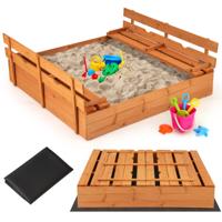 Kinderzandbak voor Buiten 125 × 118 × 42,5 CM - met Opklapbare Bankjes en Beschermmat voor Zand 18 Maanden +