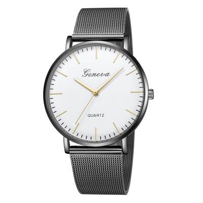 Geneva Fashion quartz horloge mannen vrouwen mesh roestvrijstaal horlogebandje (zwarte schelp witte wijzerplaat gouden naald)