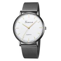 Geneva Fashion quartz horloge mannen vrouwen mesh roestvrijstaal horlogebandje (zwarte schelp witte wijzerplaat gouden naald)