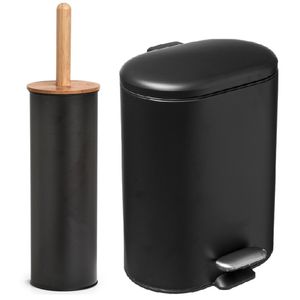 Badkamer/toilet set - WC-borstel en pedaalemmer 6L - metaal/ bamboe - zwart