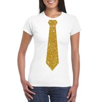 Wit fun verkleed t-shirt - met stropdas - in glitter goud - dames - korte mouwen