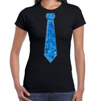 Verkleed t-shirt voor dames - stropdas blauw - pailletten - zwart - carnaval - foute party - thumbnail