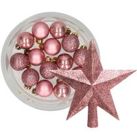 Decoris 14x stuks kerstballen 3 cm met ster piek oudroze kunststof - thumbnail