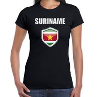 Suriname landen supporter t-shirt met Surinaamse vlag schild zwart dames - thumbnail