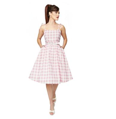 Unique Vintage Spaghetti Tie Swing Dress Gingham Pink-XS