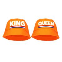 King en Queen bucket zonnehoedjes - oranje - voor Koningsdag - katoen - Holland - voor man en vrouw