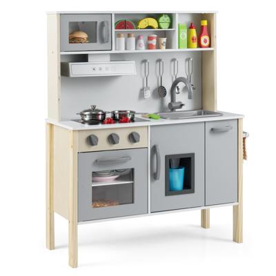 Houten Kinderkeuken incl. 18 Accessoires Speelkeuken met Gootsteen & Magnetron Speelgoedkeuken Grijs