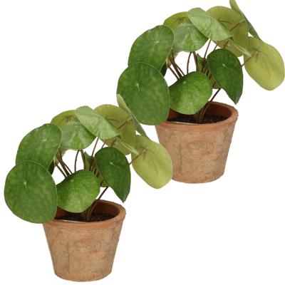 Emerald Kunstplant pilea/pannekoekplant - 2x stuks - groen - in pot - 25 cm - kamerplant