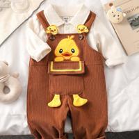 2pcs Baby Boys' Cute Duck Embroidered Long Sleeve Polo Shirt And Corduroy Overalls Set, Casual Outfit For Home & Outdoor, 4 Seasons Khaki / 12-18M