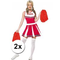 2x Stuks cheerball/pompom met ringgreep - rood - 28 cm - Cheerleader verkleed accessoires